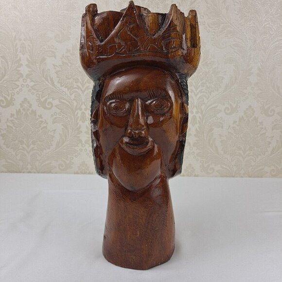 None Other - Vintage Hand Carved Wooden Sculpture Man King Wearing Crown Free Standing Heavy
